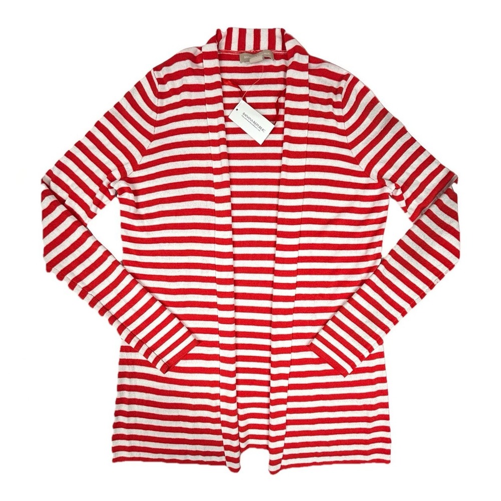 NWT Banana Republic Open Cardigan Small Atomic Red Striped Long Career Light $80